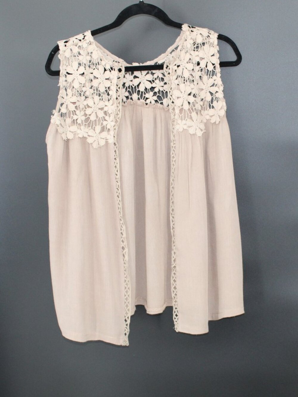 LACE TANK OPEN FRONT M/L VINTAGE COTTAGECORE BOHO CHIC OATMEAL
